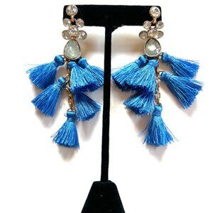 Gorgeous Vibrant Multi Tiered Drop Blue Tassel Earrings with Crystal Rhinestone